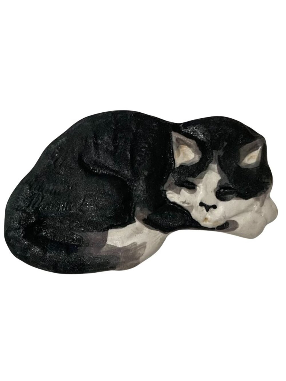 Vintage Hand Painted Sleeping Tuxedo Cat Porcelain Pin Brooch Black White 90s